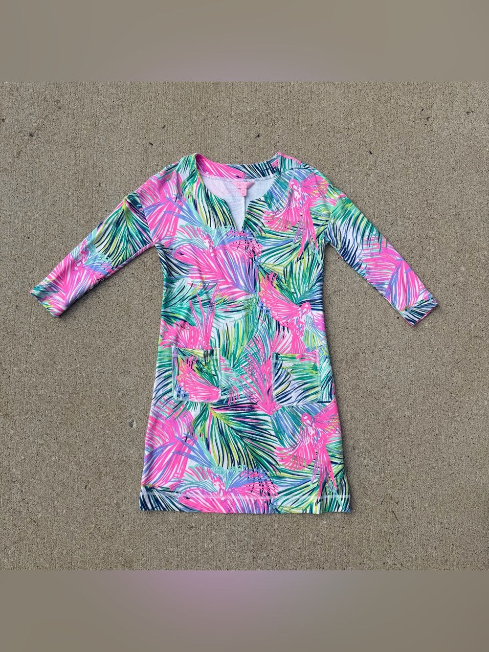 Lilly Pulitzer XXS Tropical Palm Print Shift Dress Gold Button 3/4 Sleeve